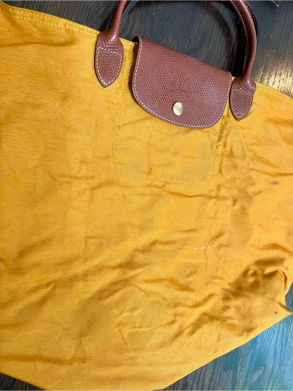 Longchamp Le Pliage Large Tote Mustard Yellow Brown Leather Foldable Bag - Picture 2 of 10